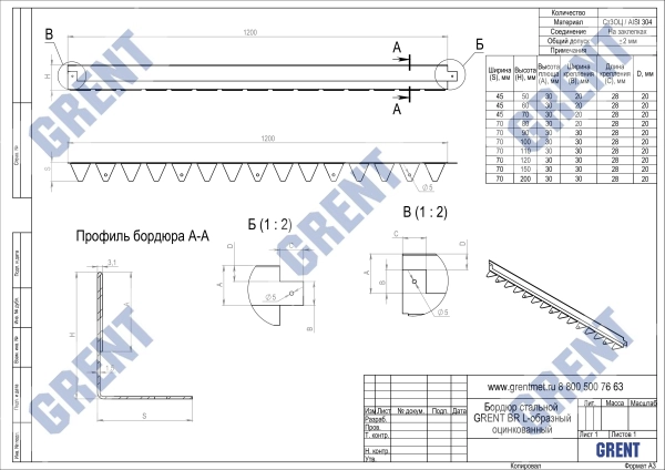 Бордюр стальной GRENT BR L-образный 1200*120, 1,5, нержавеющий